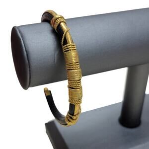 Vintage Brass Wire Wrapped Leather Cuff Bracelet African Tribal Style Boho